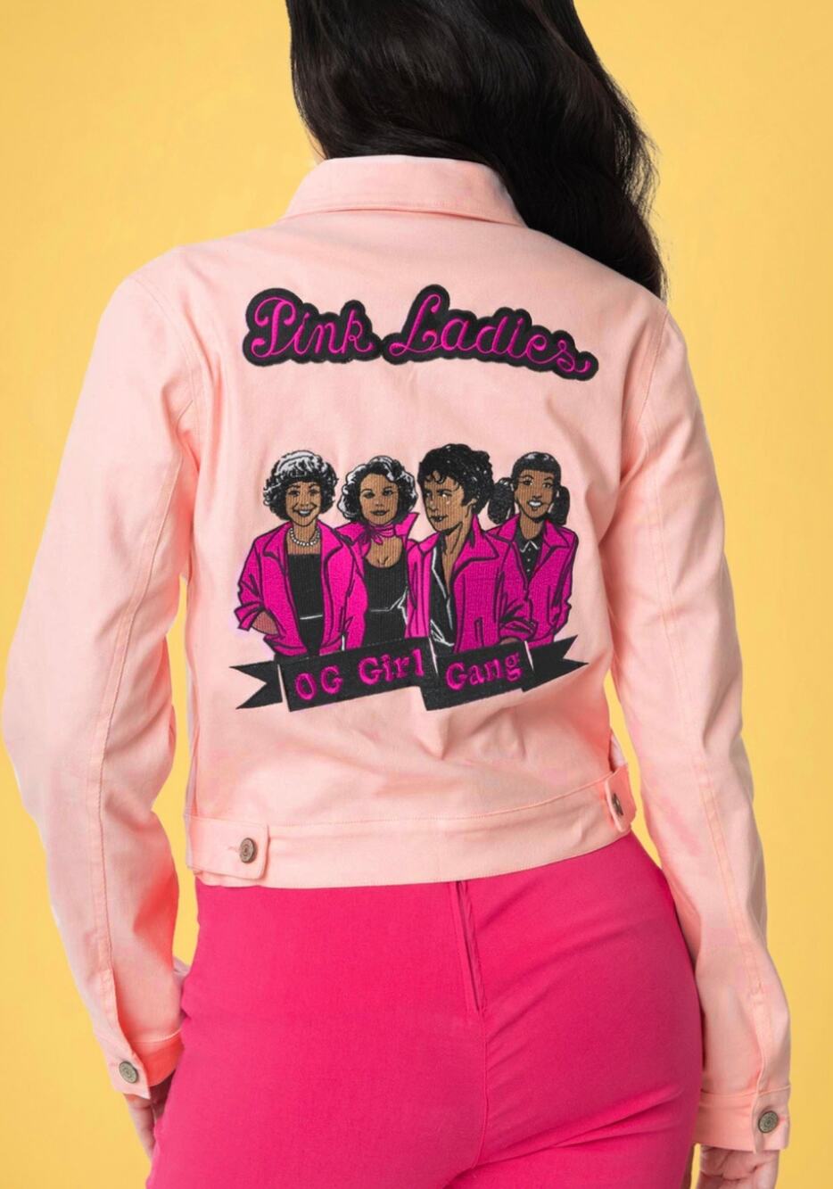 Unique Vintage Grease Pink Ladies Denim Crop Jacket Coat XS NWOT